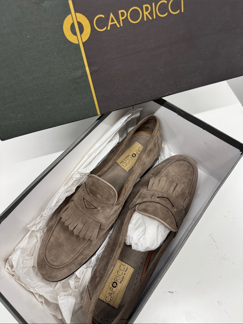 Caporicci calfskin Suede Fringe size 9 Penny Loafers in Taupe (like Butter)